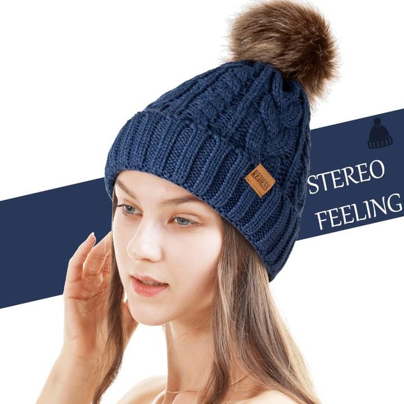 Womens Winter Warm Fleece Lined Knitted Soft Ski Cuff Beanie Hat with Pom Pom - Picture 2 of 8